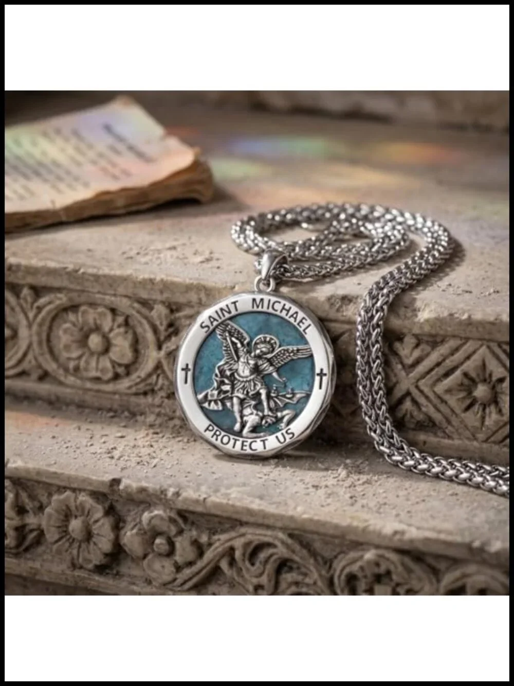 St Michael Medal Necklace Protection Pendant Men Women 18K White Gold Plated